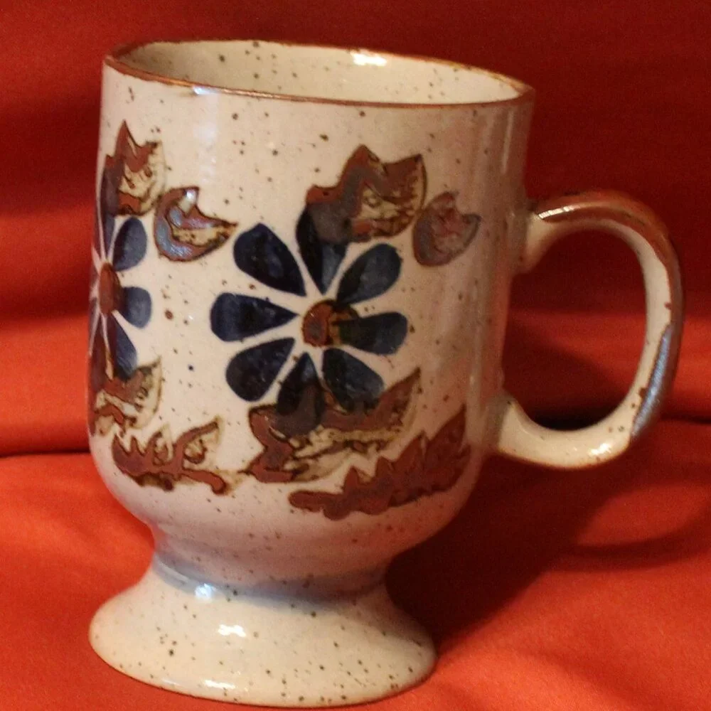 Vintage Hand Painted Fred Roberts Co. Ceramic Mug Orange, Blue & Brown Set 4